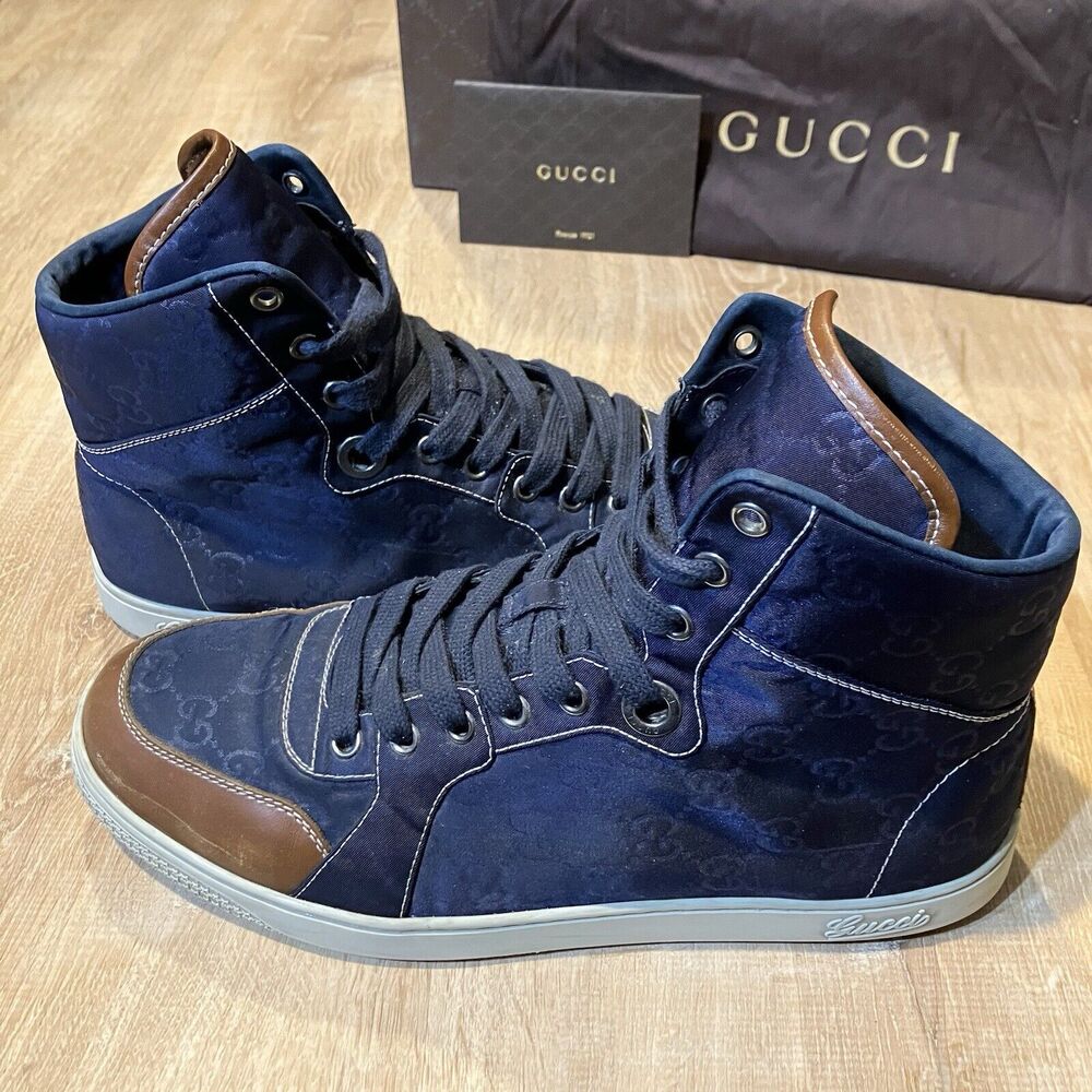 Gucci High Top Sneakers GG Blue Canvas Monogram CLEAN Logo 283484 Mens Size 8.5